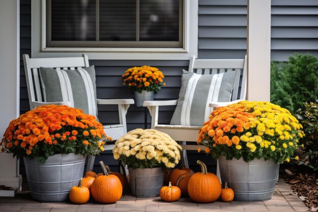 Halloween zucche jack o 'fanalini fiori e sedie sul portico anteriore decorazione esterna della casa