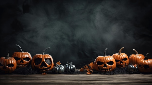 Halloween zucche teste jack lanterna su sfondo di legno spettrale