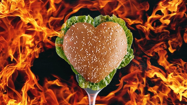 Hamburger a forma di cuore con posto per gli hamburger d'amore del testo