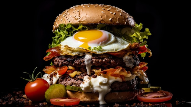 Hamburger a fuoco fotografico con sfondo nero Genera AI