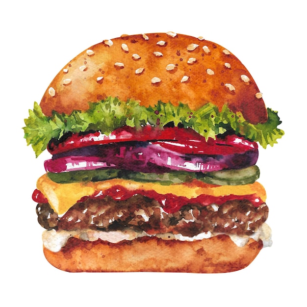 Hamburger ad acquerello Cheeseburger americano classico