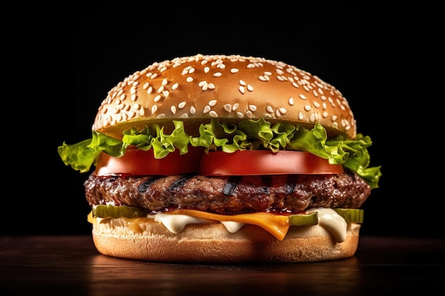 Hamburger alla griglia da vicino su uno sfondo nero