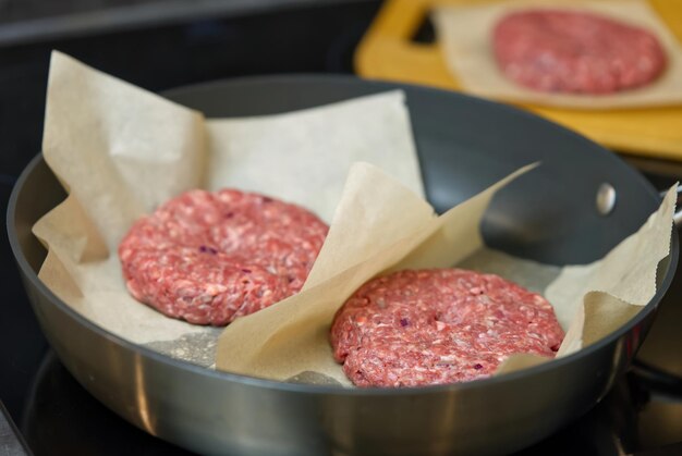 Hamburger alla griglia di carne per hamburger Cotolette fatte in casa in padella da vicino