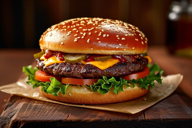 Hamburger allettante fresco e gustoso su un tavolo di legno rustico