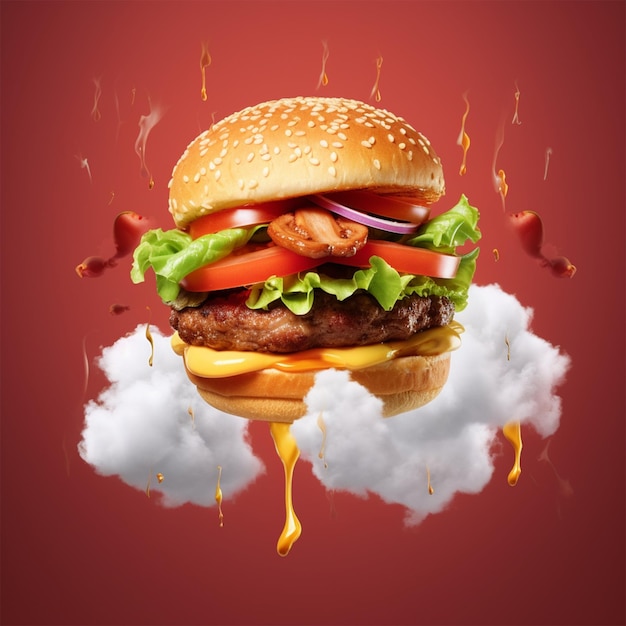 Hamburger americano galleggiante su sfondo bianco pubblicità alimentare
