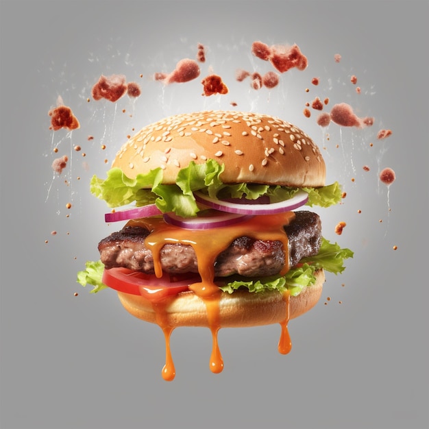 Hamburger americano galleggiante su sfondo bianco pubblicità alimentare