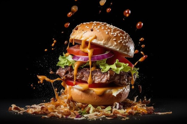 Hamburger caduto con spruzzi Panino cipolla rossa pomodoro formaggio ketchup pancetta cotoletta lattuga creato con la tecnologia Generative AI