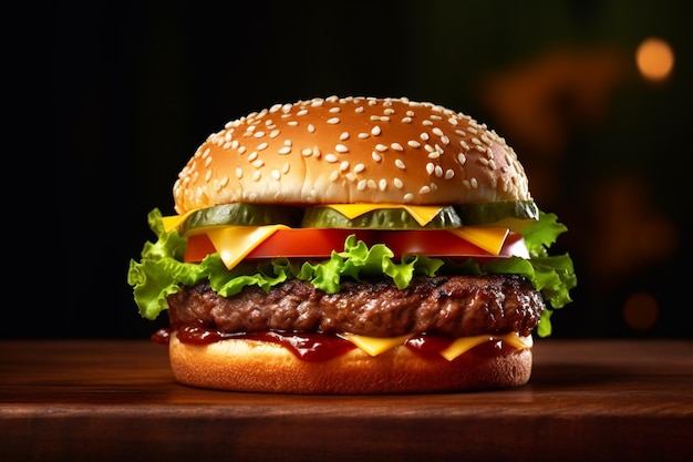 Hamburger caldo appetitoso su uno sfondo scuro