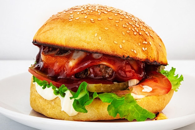 Hamburger caldo e gustoso su un piatto su sfondo bianco Hamburger fatti in casa ripieni di polpette di manzo pomodoro cetriolo sottaceto e cipolla maionese ketchup formaggio e insalata Fast food