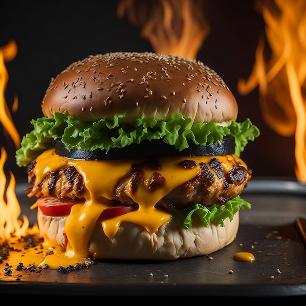 Hamburger caldo in fiamme di fuoco Hamburger di manzo di formaggio caldo in fiamme di fuoco smash hamburger con sfondo di fuoco