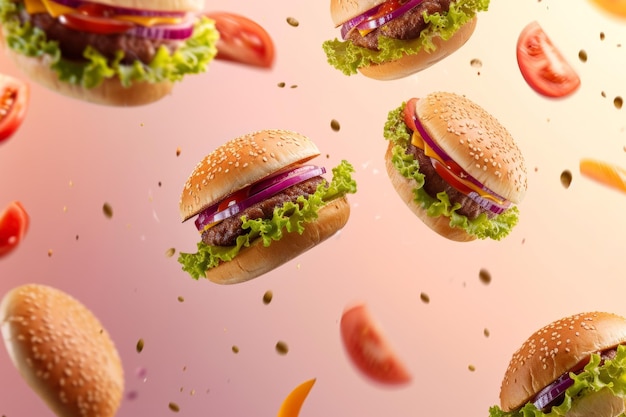 Hamburger che cadono in aria su uno sfondo chiaro AI generativa