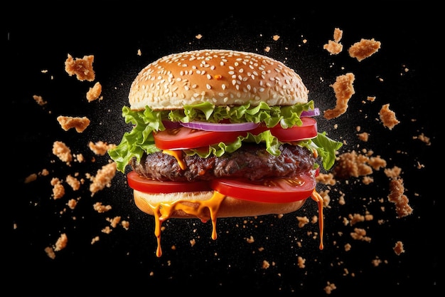 Hamburger che galleggia nell'aria con briciole che esplodono su uno sfondo nero