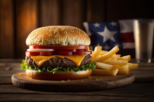 Hamburger classico americano e patatine fritte su un tavolo di legno AI generativo