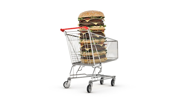 hamburger con carrello della spesa rendering 3d