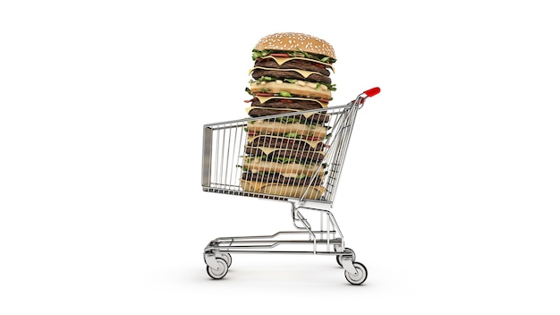 hamburger con carrello della spesa rendering 3d