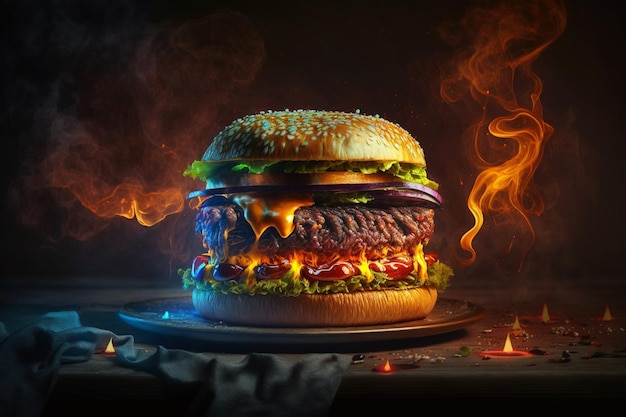 Hamburger con fiamme di fuoco