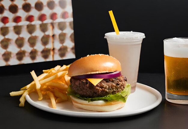 hamburger con formaggio con patatine fritte e un drink