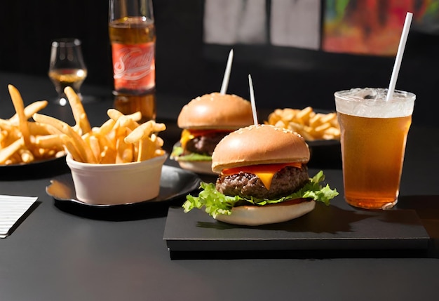 hamburger con formaggio con patatine fritte e un drink