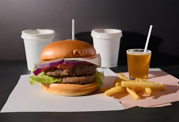 hamburger con formaggio con patatine fritte e un drink