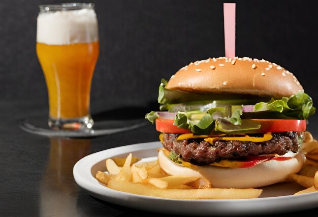 hamburger con formaggio con patatine fritte e un drink