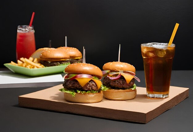 hamburger con formaggio con patatine fritte e un drink