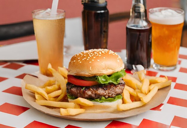 hamburger con formaggio con patatine fritte e un drink