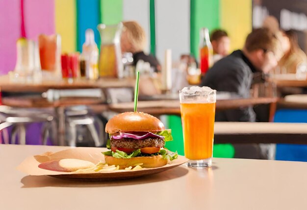 hamburger con formaggio con patatine fritte e un drink