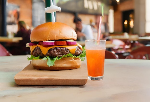 hamburger con formaggio con patatine fritte e un drink