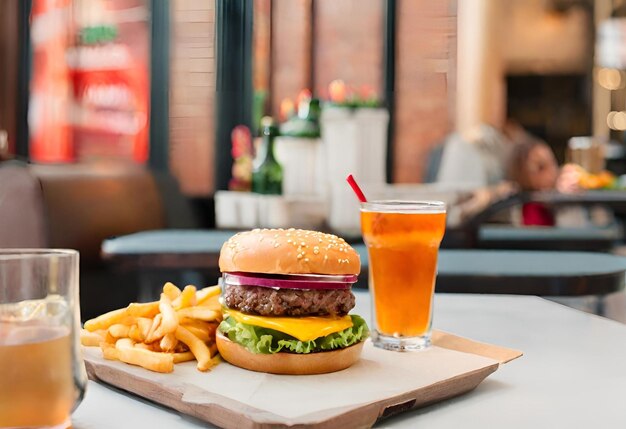 hamburger con formaggio con patatine fritte e un drink