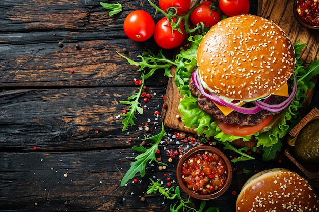 Hamburger con formaggio di vitello e verdure fast food su uno sfondo di legno vista dall'alto spazio libero per il tuo