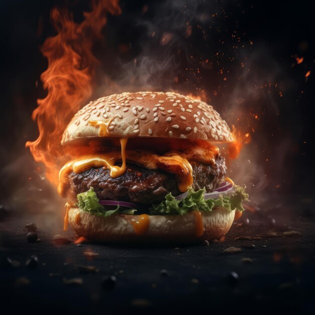 Hamburger con fuoco sullo sfondo