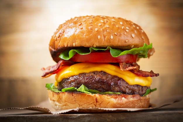 Hamburger con insalata di formaggio, pancetta e verdure