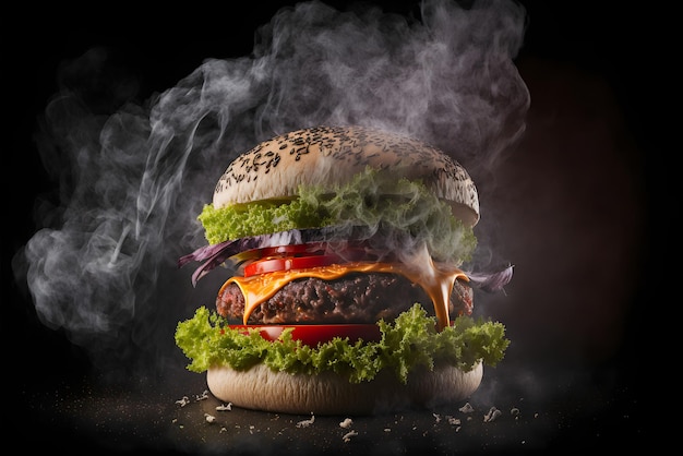 Hamburger con insalata fresca, pomodoro, cipolla e formaggio a fumo in stile scuro.