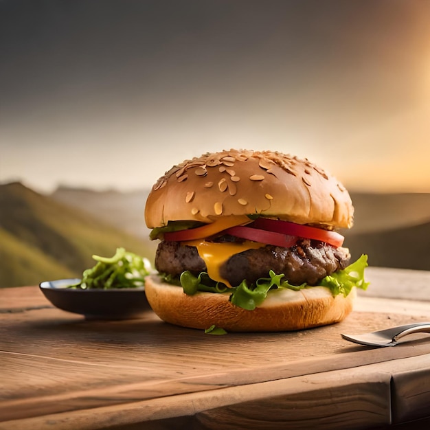 Hamburger con lattuga pomodoro e formaggio su un tavolo di legno nel deserto