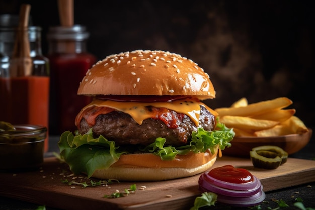 Hamburger con patatine fritte Ai generativo