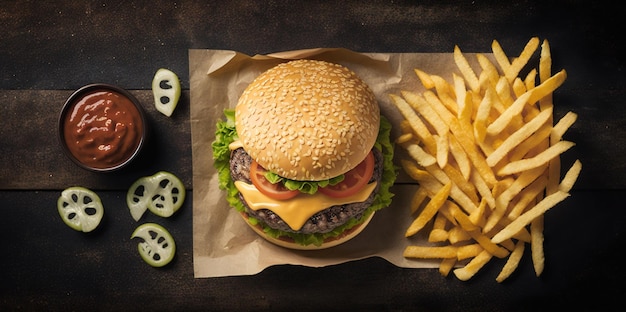 Hamburger con patatine fritte dall'alto