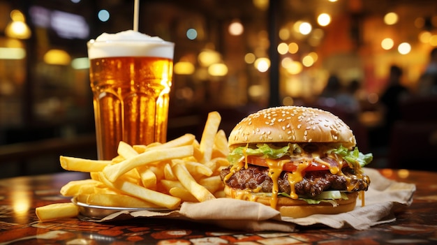 Hamburger con patatine fritte e bevanda gassata