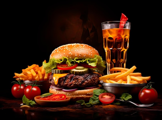 hamburger con patatine fritte e bevanda nello stile di paesaggi fotorealistici