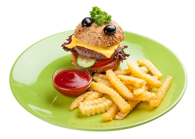 Hamburger con patatine fritte e salsa Pasti per bambini