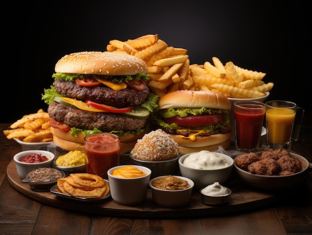 Hamburger con patatine fritte e salse su un tavolo di legno