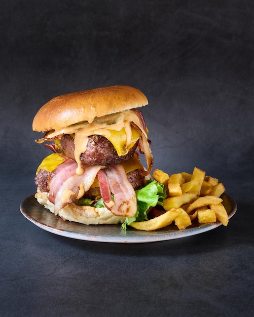 hamburger con patatine fritte su sfondo lavagna