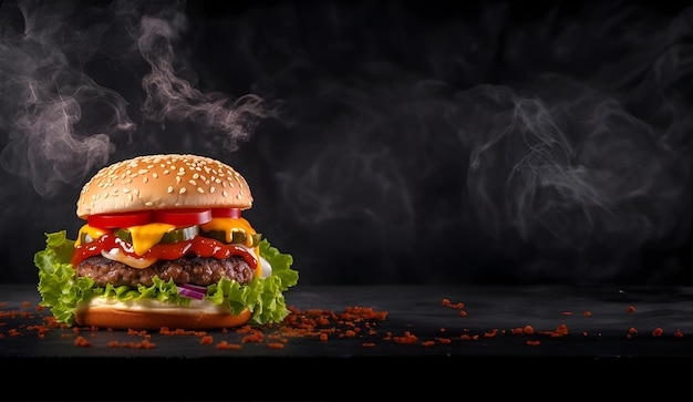 Hamburger con salsa sullo sfondo scuro concetto di banner pubblicitario di fast food