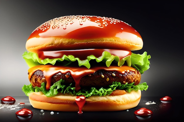 hamburger con spruzzi di ketchup isolato su sfondo nero