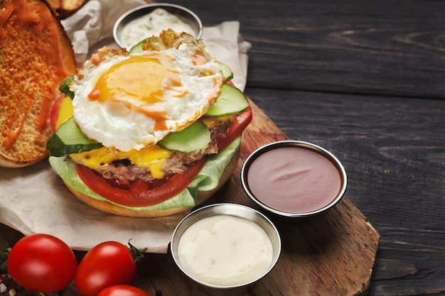 Hamburger da colazione con uovo in camicia e bacon