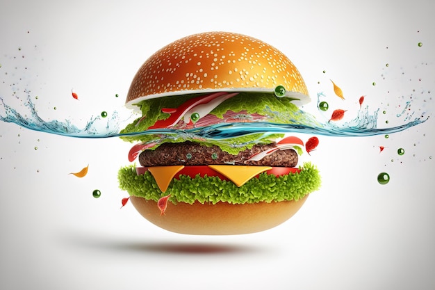 Hamburger delizioso con componenti che galleggiano su uno sfondo bianco