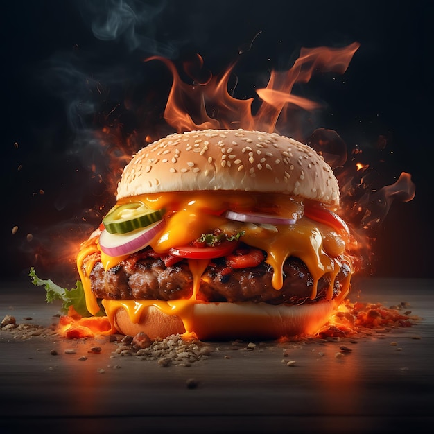 Hamburger delizioso con l'immagine delle fiamme del fuoco