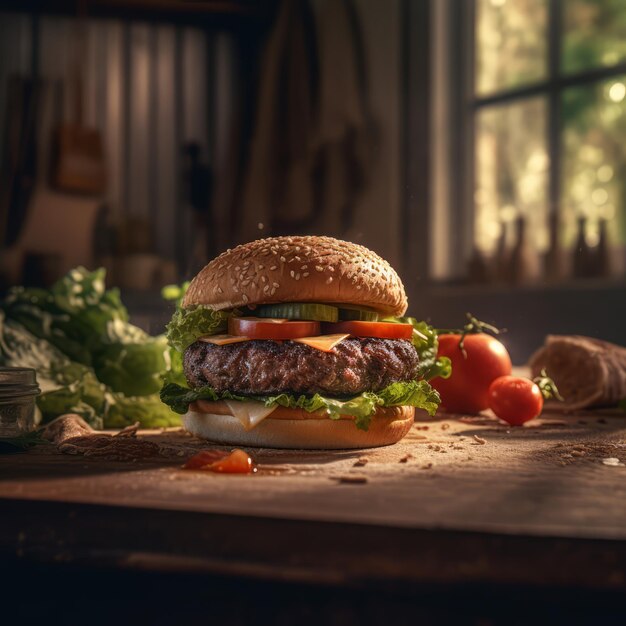 Hamburger delizioso sul tavolo di legno