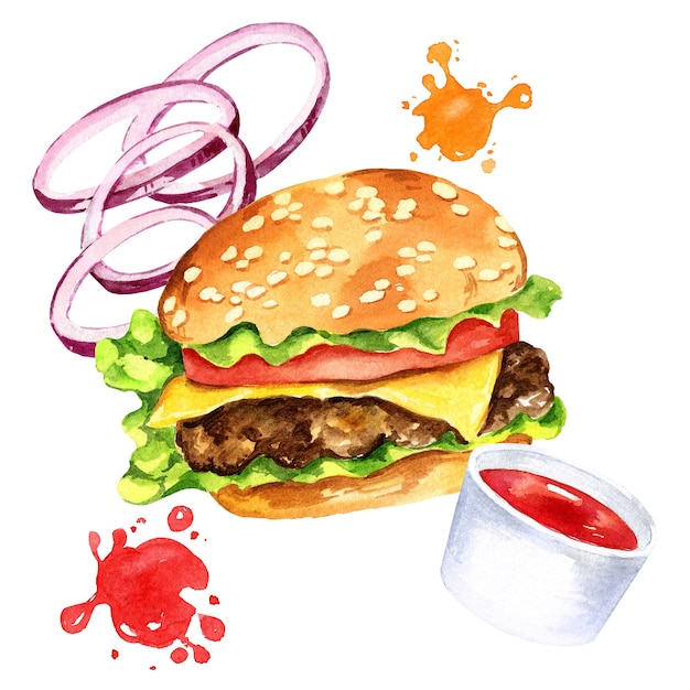 Hamburger dell'acquerello con fettine di carne di insalata di pomodori cipolla e salsa di tomat isolato su backgrou bianco