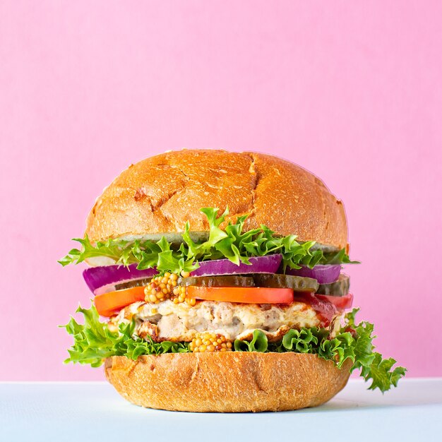 hamburger di carne di maiale, manzo o pollo alla griglia sandwich di cotoletta e verdure