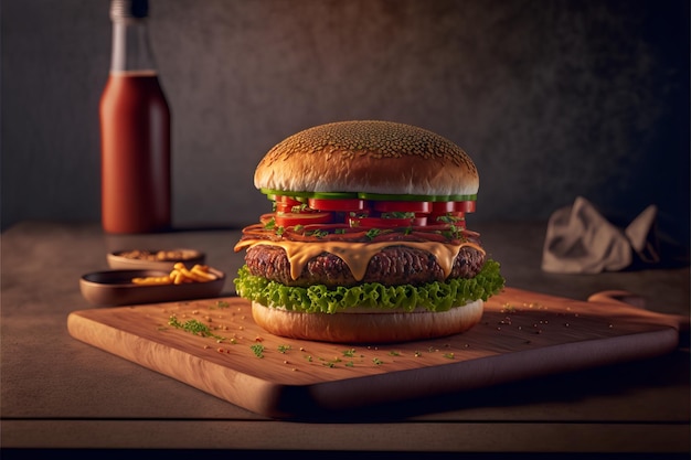 Hamburger di cotoletta di manzo con salsa su una tavola di legno